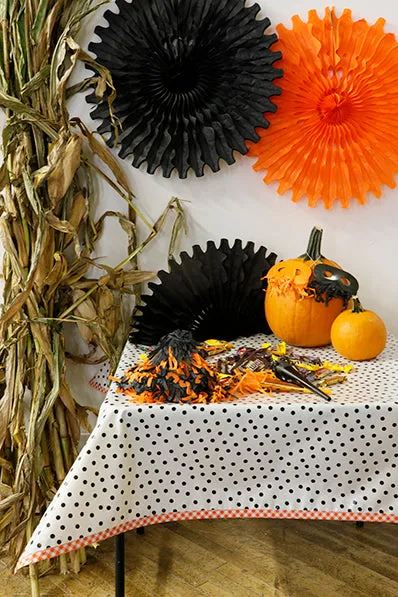 48 x 48 Tablecloth Black Dots with Orange Gingham Trim