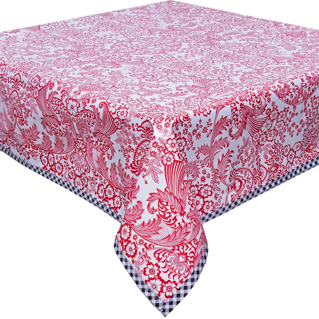 48 x 72 Toile Red Oilcloth Tablecloth with Black Trim