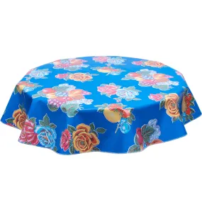 68" Round Oilcloth Tablecloths in Lemons and Roses Blue