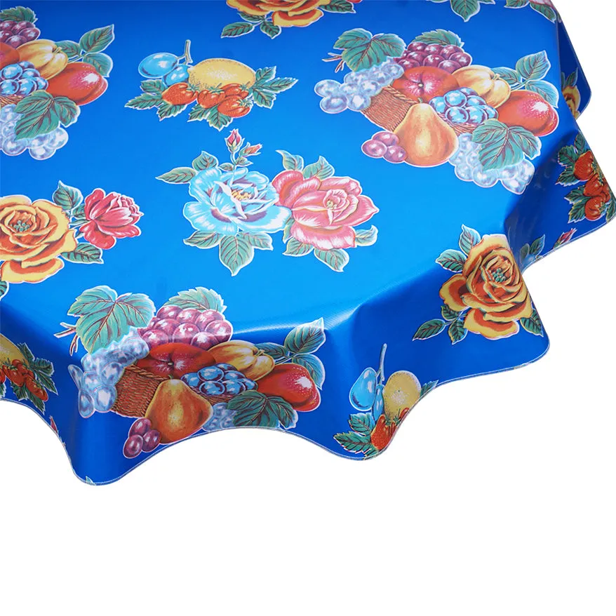 68" Round Oilcloth Tablecloths in Lemons and Roses Blue