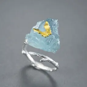 Aquamarine Butterfly 925 Sterling Silver Ring