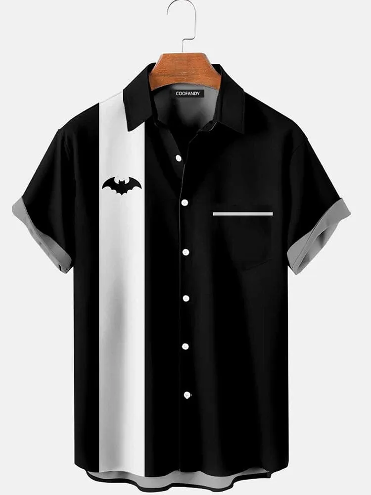 Bat Printed Splicing Cottton Linen Shirt