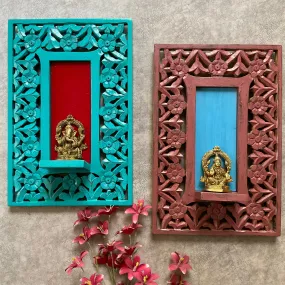 Brass Lakshmi Ganesha Idol With Distressed Wooded Frame Wall Hanging (Set of 4) - Decorative Wall Decor for Living Room