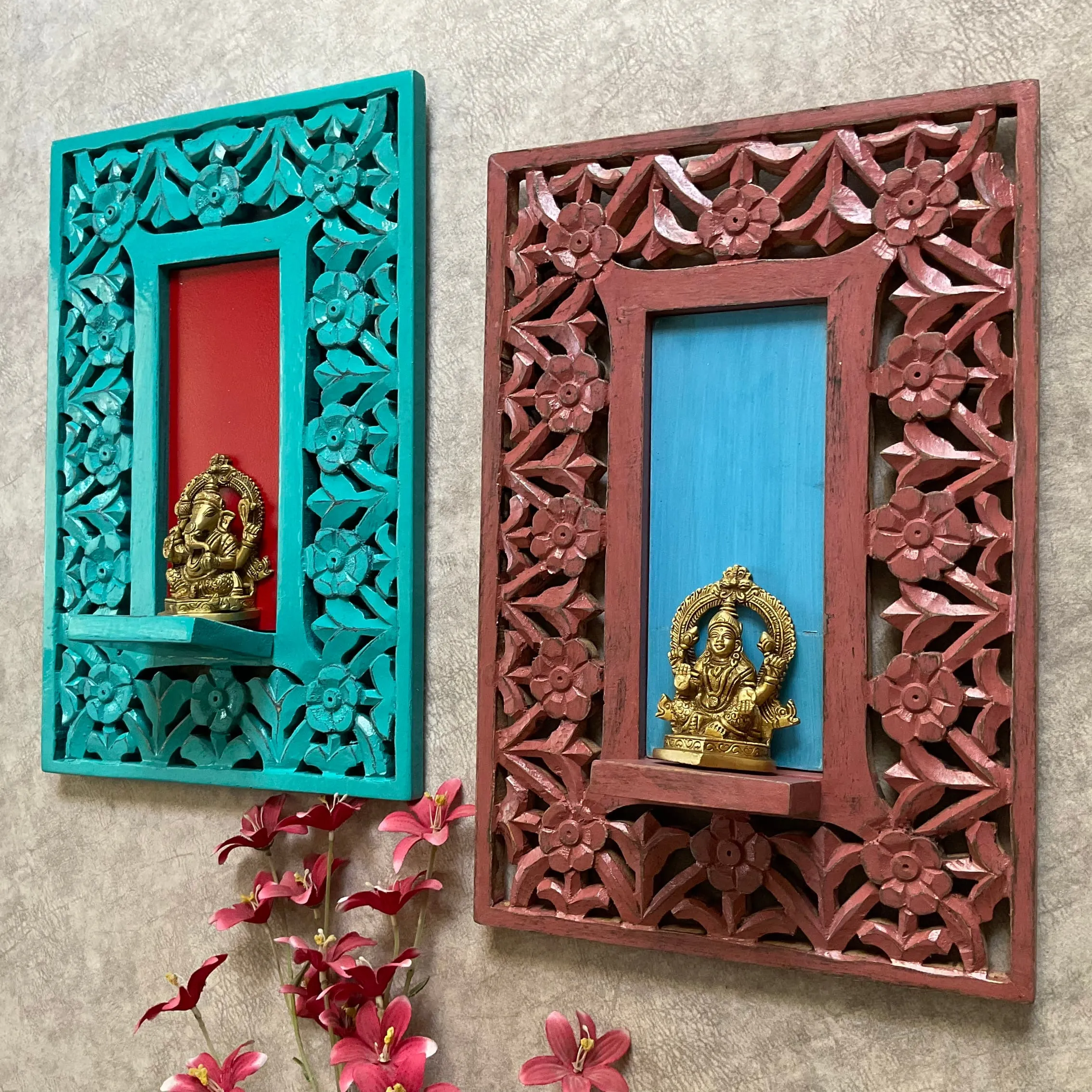 Brass Lakshmi Ganesha Idol With Distressed Wooded Frame Wall Hanging (Set of 4) - Decorative Wall Decor for Living Room