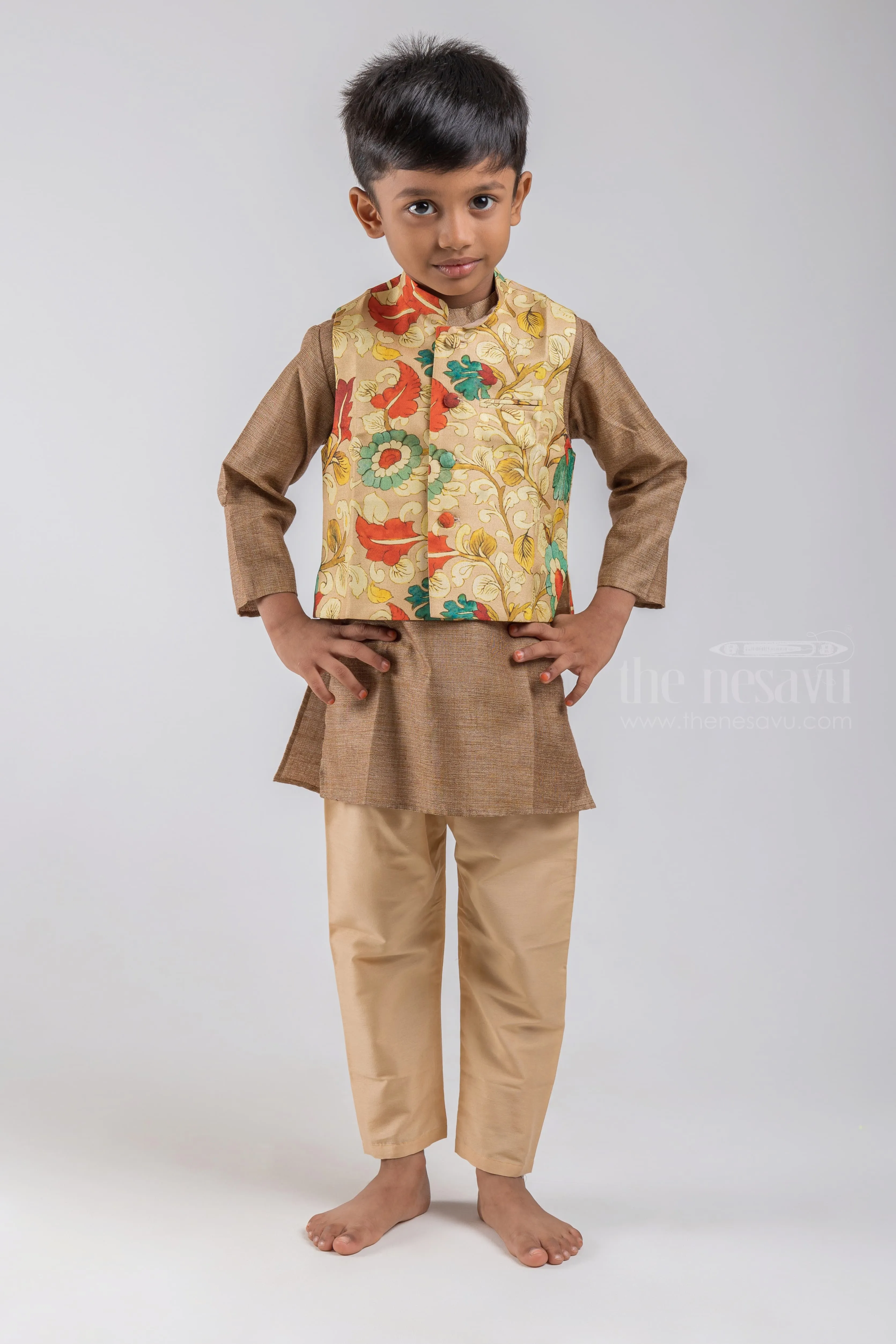 Brown Handloom Cotton Kurta N Pure Silk Kalamkari Printed Jacket For Boys