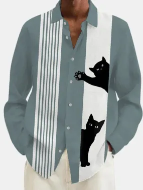 Casual Cat Graphic Cotton Linen Shirt