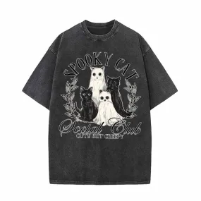 Creepy Spooky Cat Vintage Washed T-shirt