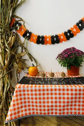 Halloween  Tablecloth in Large Orange Gingham with Black Gingham Trim Oilcloth