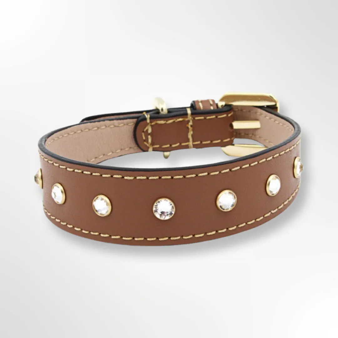 Hundehalsband Leder mit Strasssteinen Gold Edition Marseille Braun