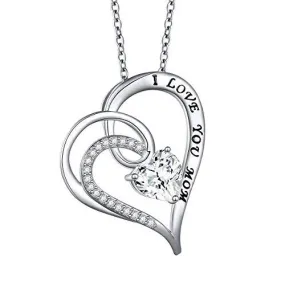 Mother's Day 925 Sterling Silver 'Mom Heart' Crystal Cubic Zirconia 'I Love You Mom' Quote Necklace