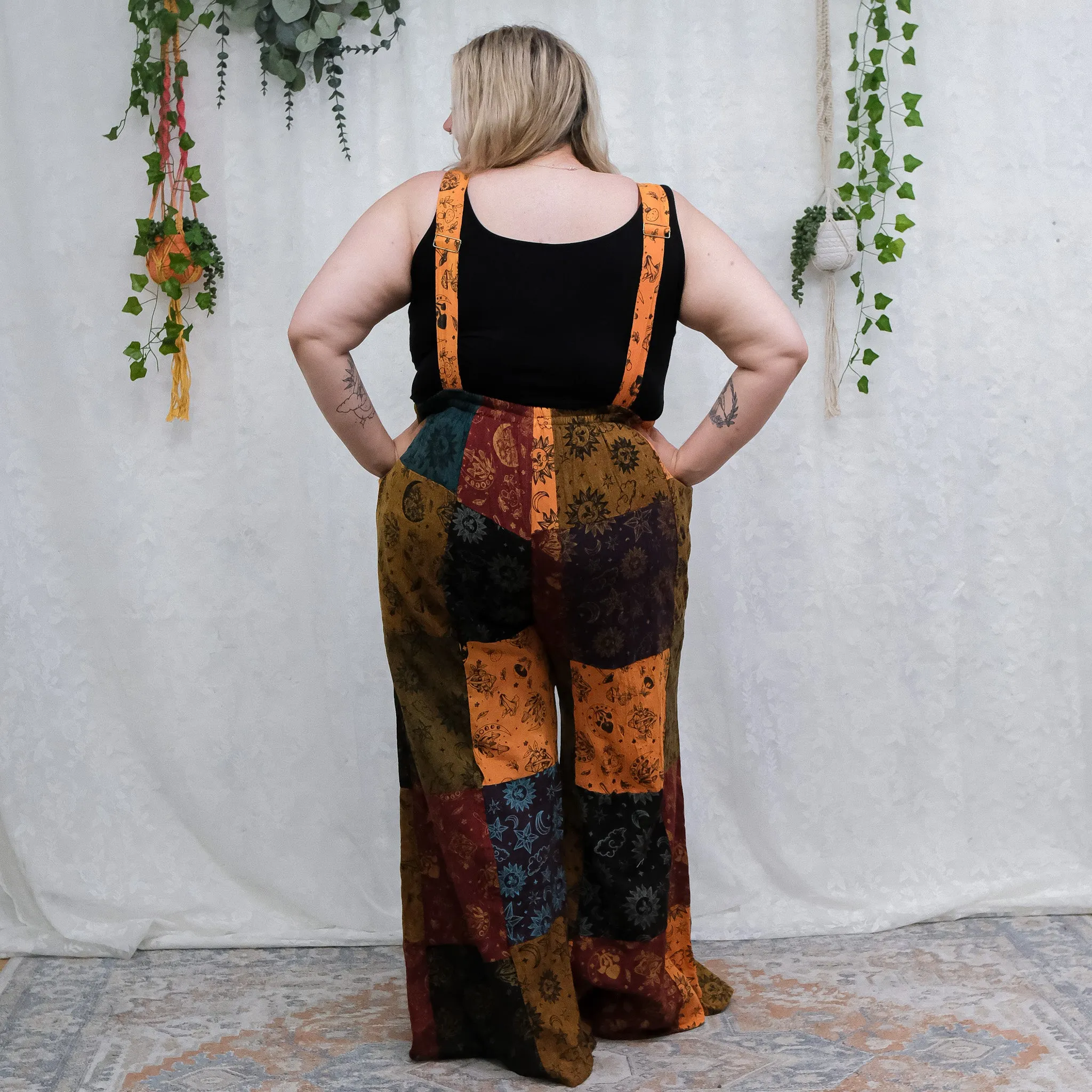 Patchwork Celestial Mushroom Wide Leg Bell Bottom Jumpsuit