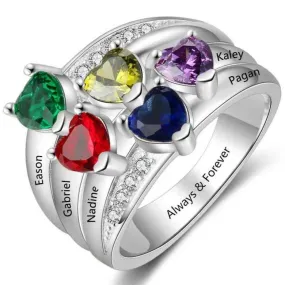 Personalized Mother's Ring 5 Heart Birthstones 5 Engraved Names