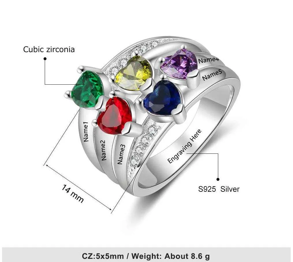 Personalized Mother's Ring 5 Heart Birthstones 5 Engraved Names