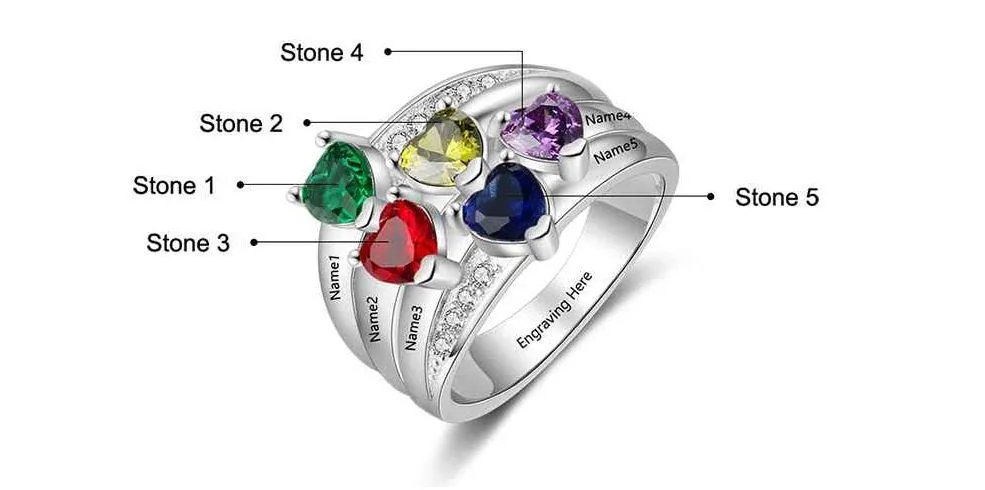 Personalized Mother's Ring 5 Heart Birthstones 5 Engraved Names