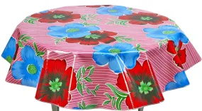 Round Oilcloth Tablecloth in Big Flowers and Stripes Pink