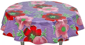 Round Oilcloth Tablecloth in Big Flowers and Stripes Purple