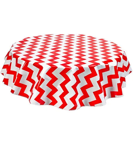 Round Oilcloth Tablecloth in Chevron Red