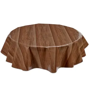 Round Oilcloth Tablecloth in Faux Bois Plank Walnut