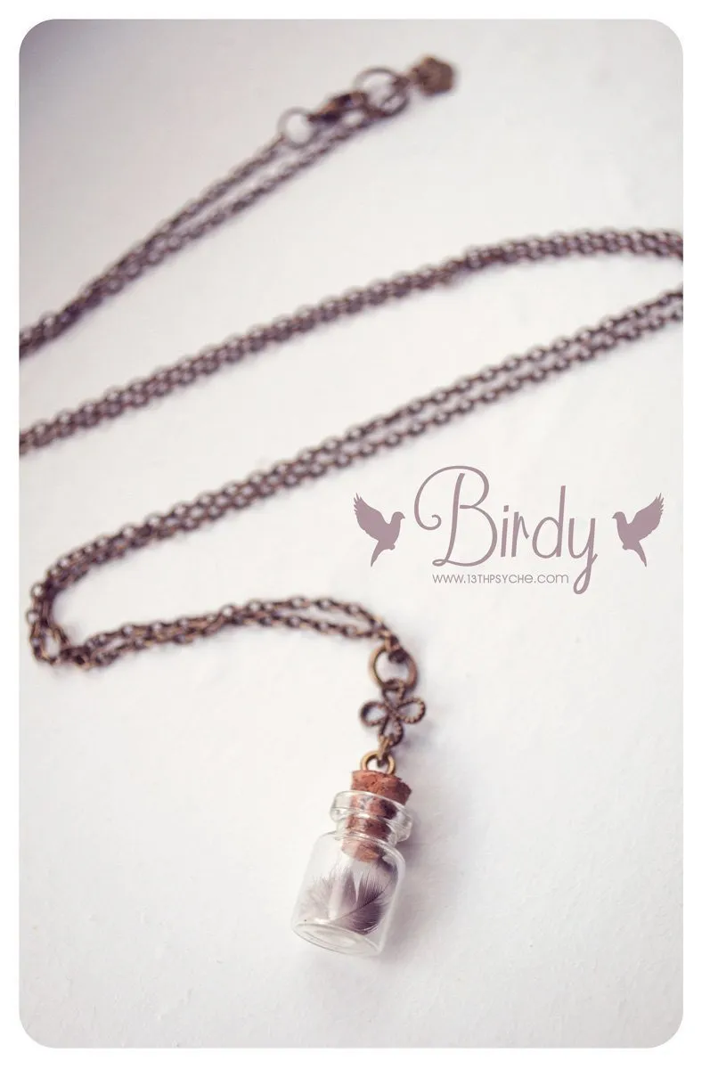 Tiny real feather vial pendant necklace